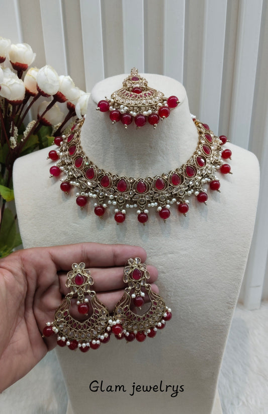 Ruby Antique Gold Necklace Indian Jewellery Arya Set