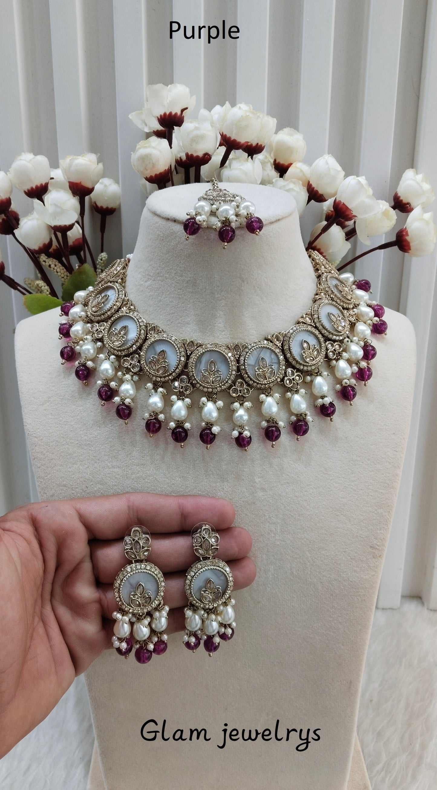 Purple Antique Gold Necklace Indian Jewellery Daisy Set
