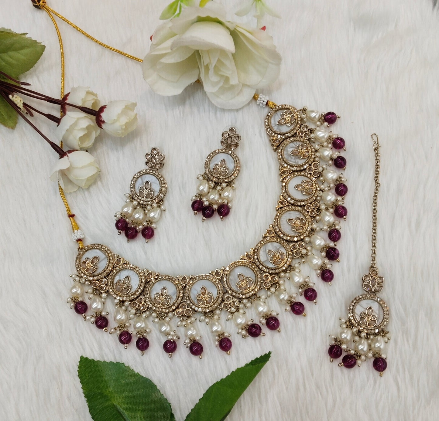 Purple Antique Gold Necklace Indian Jewellery Daisy Set