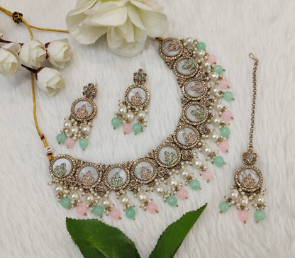 Mint Pink Antique Gold Necklace Indian Jewellery Daisy Set