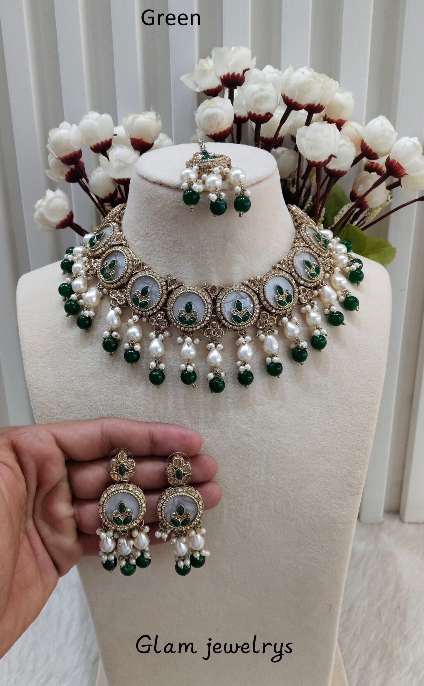Green Antique Gold Necklace Indian Jewellery Daisy Set