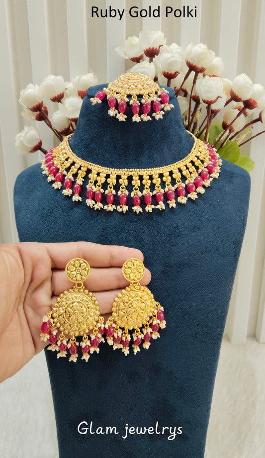 Ruby Gold Polki Punjabi Indian Nacklace Birpal set