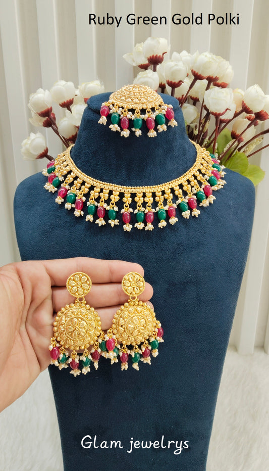 Ruby Green Gold Polki Punjabi Indian Nacklace Birpal set