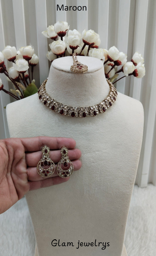 Maroon Antique Gold Necklace Indian Jewellery Race Set