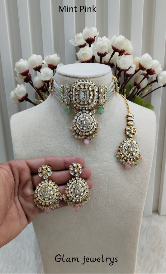 Mint Pink Indian Jewellery  Kundan choker Lavani Set