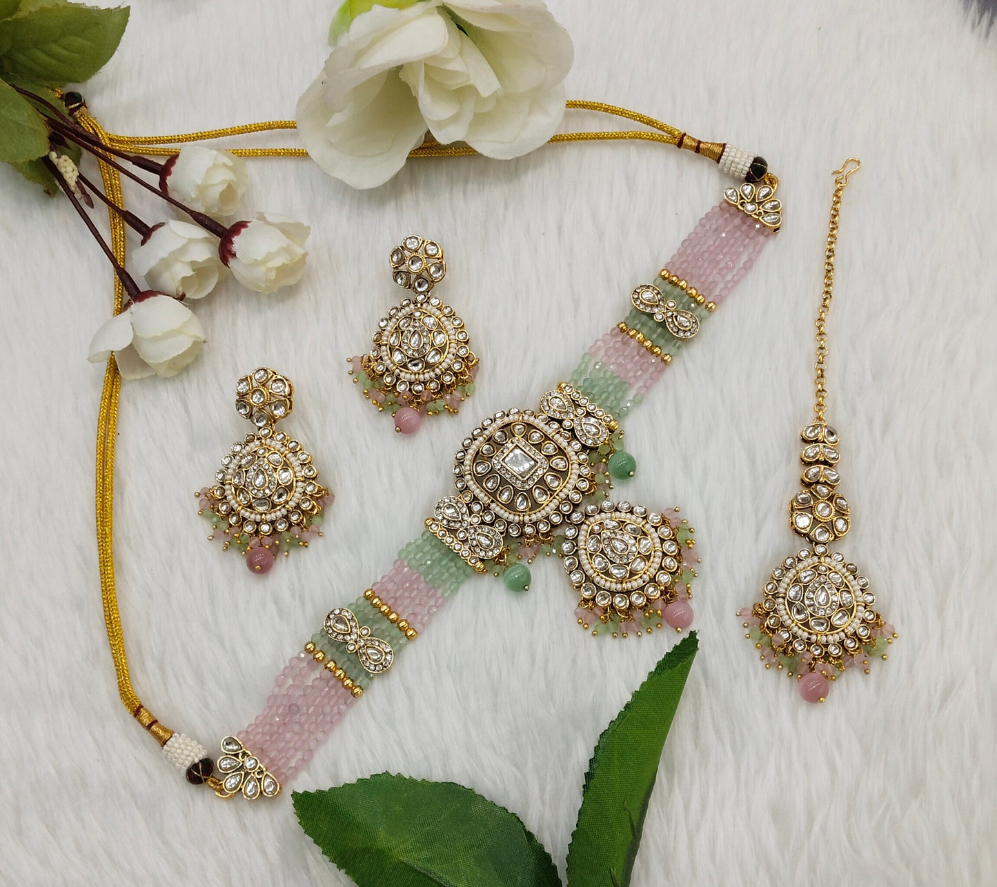 Mint Pink Indian Jewellery  Kundan choker Lavani Set