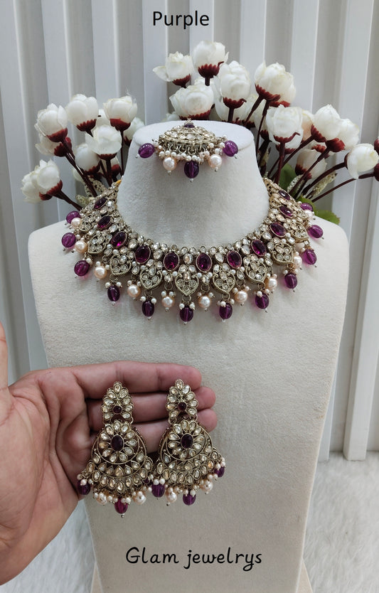 Purple Antique Gold Necklace Indian Jewellery Rasha Set