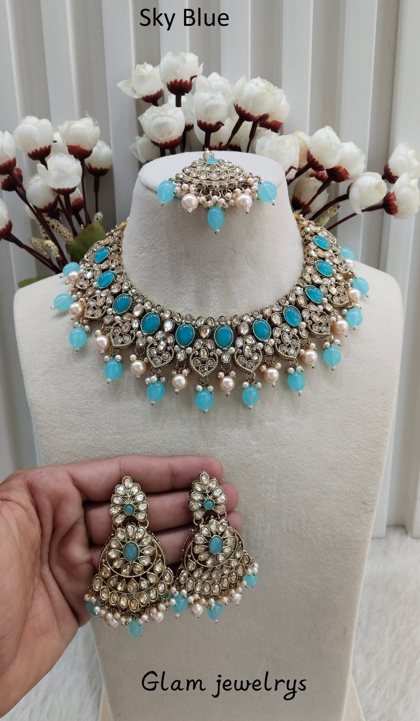 Sky Blue Antique Gold Necklace Indian Jewellery Rasha Set