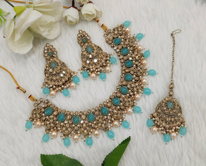 Sky Blue Antique Gold Necklace Indian Jewellery Rasha Set