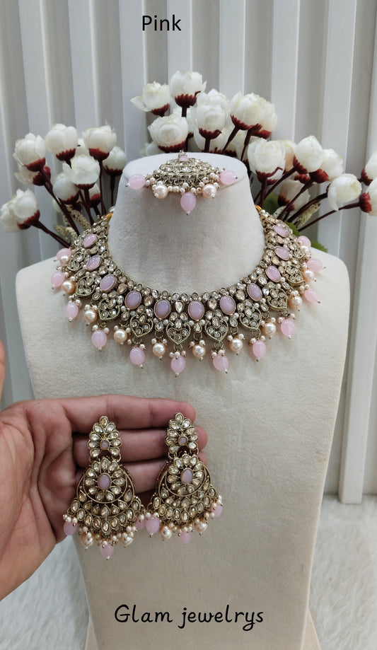 Pink Antique Gold Necklace Indian Jewellery Rasha Set