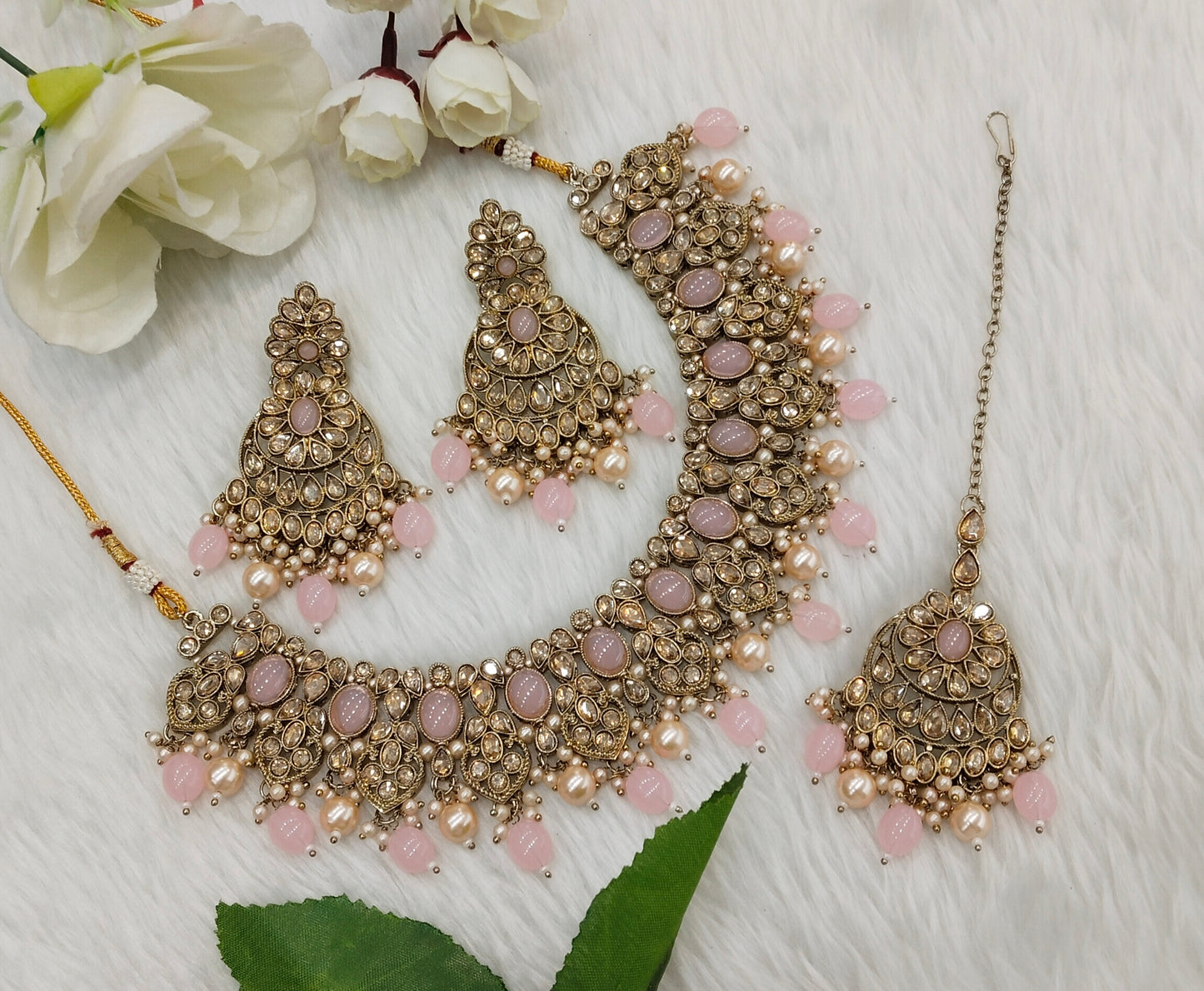 Pink Antique Gold Necklace Indian Jewellery Rasha Set