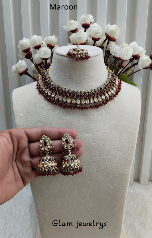 Maroon Antique Gold Necklace Indian Jewellery Gora Set