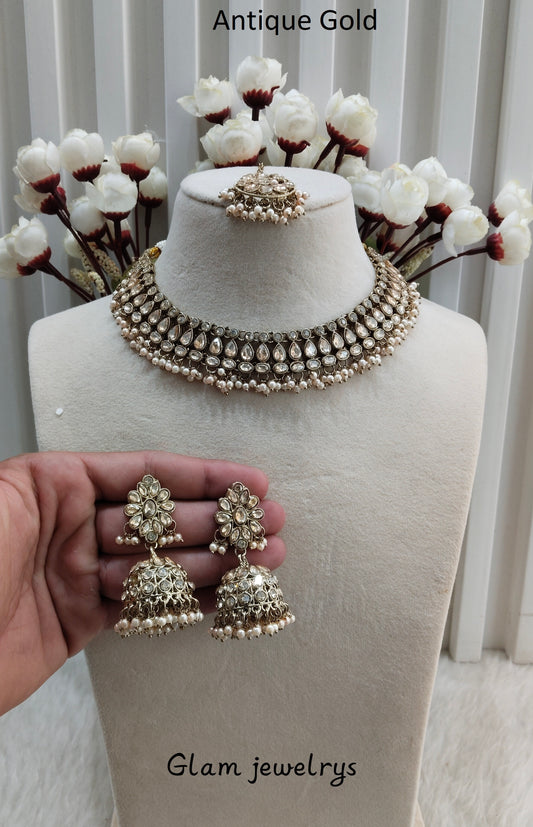 Antique Gold Necklace Indian Jewellery Gora Set