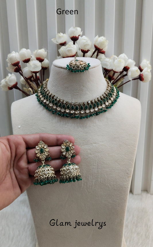 Green Antique Gold Necklace Indian Jewellery Gora Set