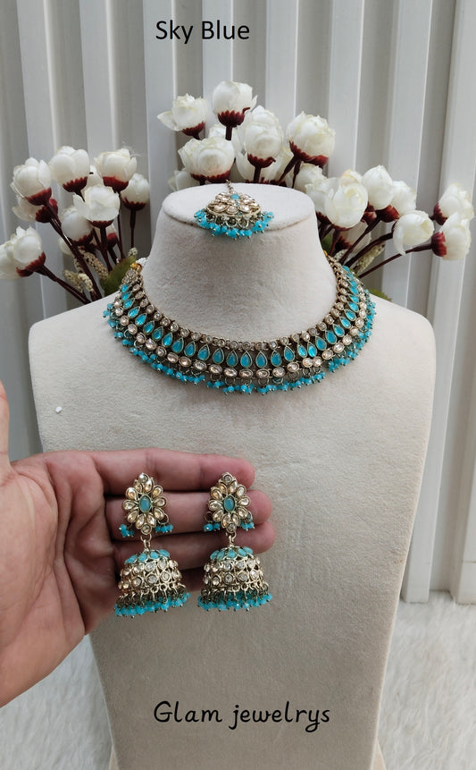 Sky Blue Antique Gold Necklace Indian Jewellery Gora Set