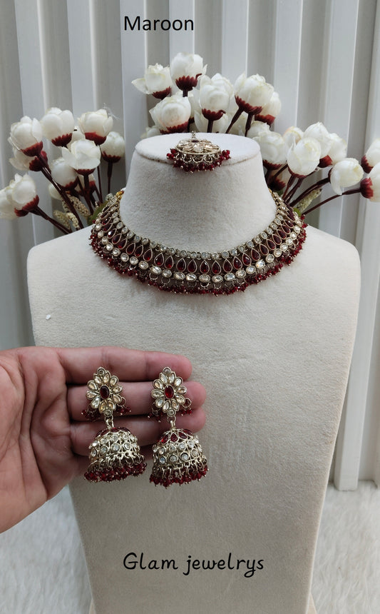 Maroon Antique Gold Necklace Indian Jewellery Gora Set