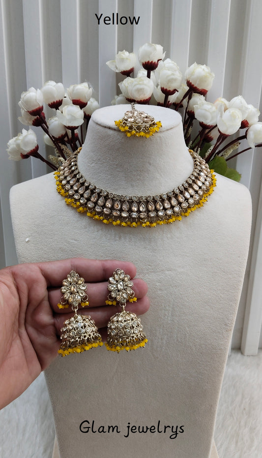 Yellow Antique Gold Necklace Indian Jewellery Gora Set