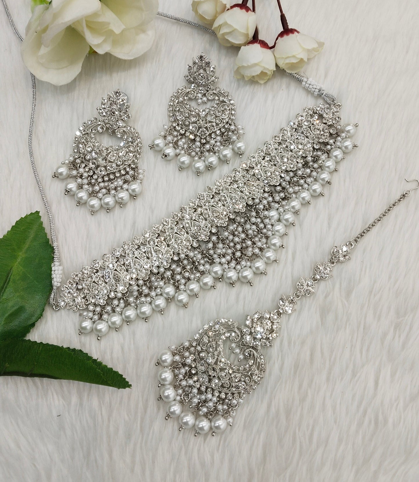 Silver White Choker Indian Jewellery Siki Set