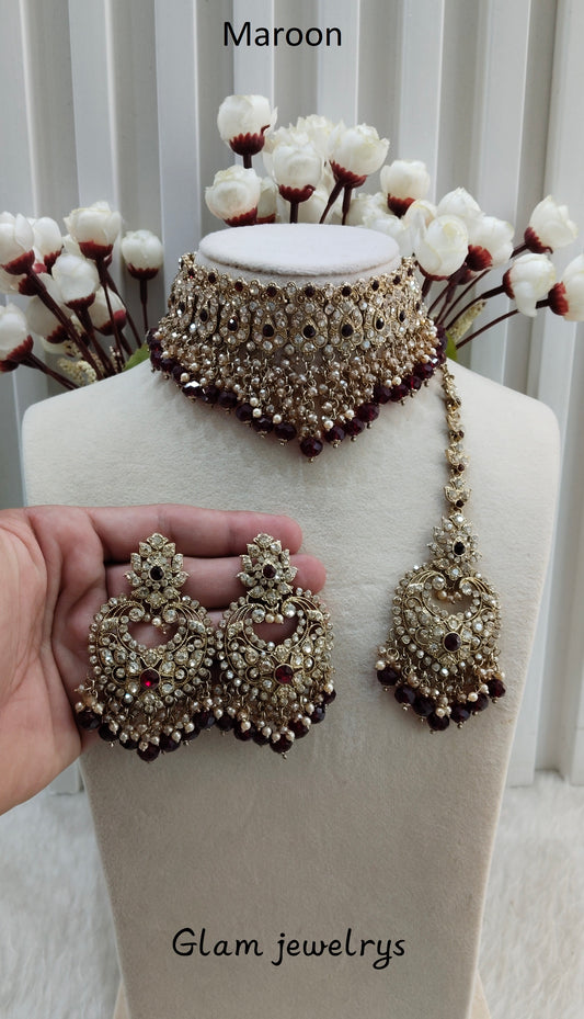 Maroon Antique Gold Choker Indian Jewellery Siki Set