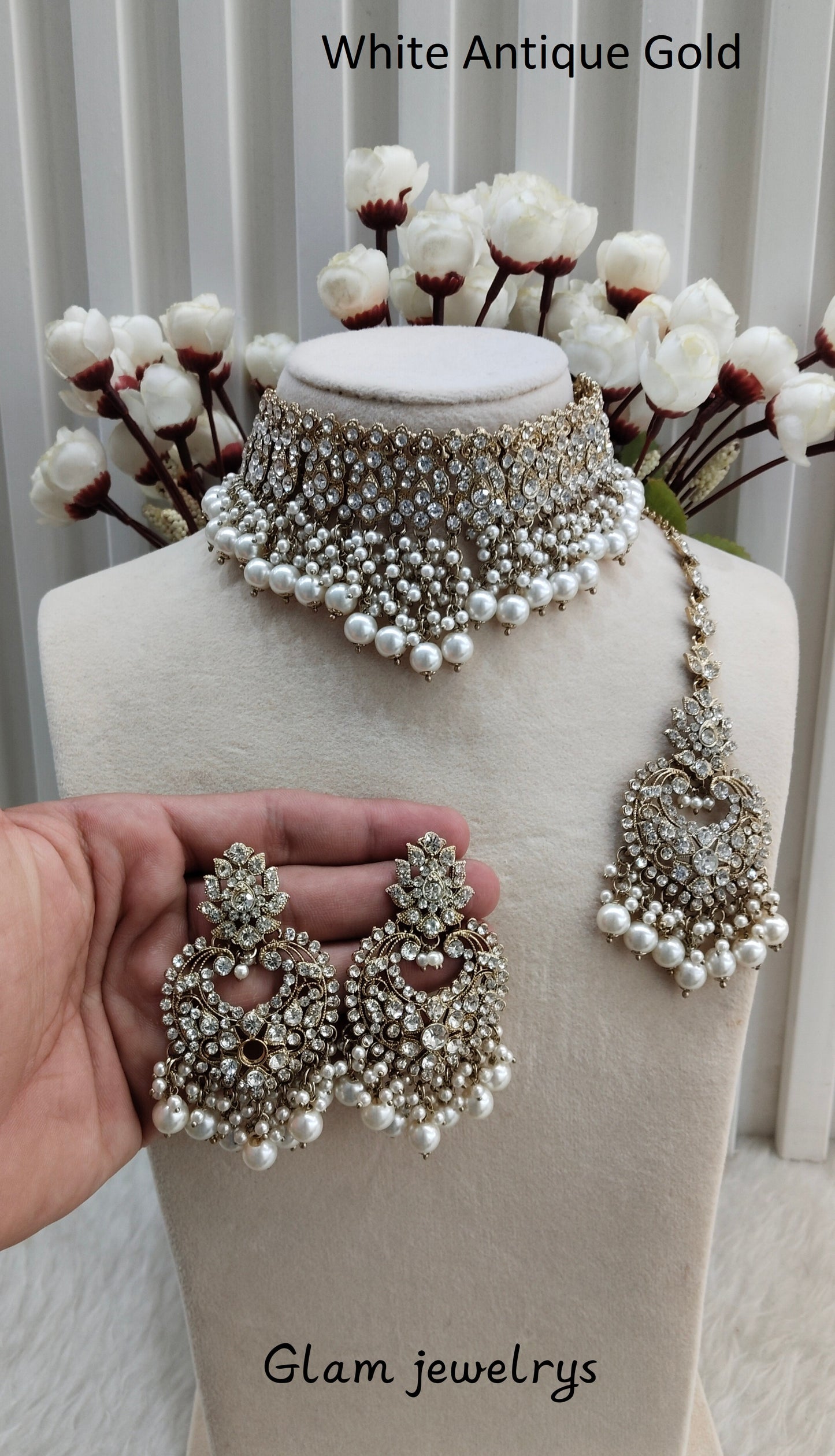 White Antique Gold Choker Indian Jewellery Siki Set