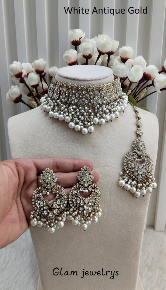 White Antique Gold Choker Indian Jewellery Siki Set