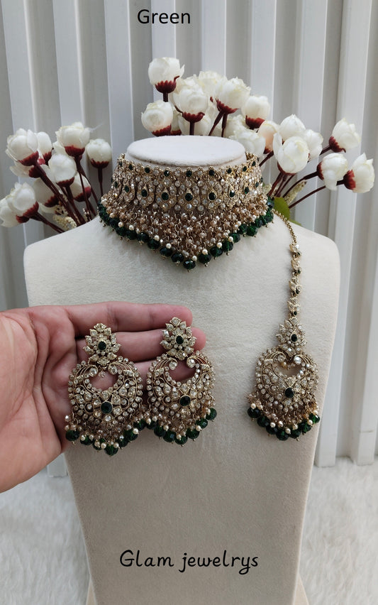 Green Antique Gold Choker Indian Jewellery Siki Set
