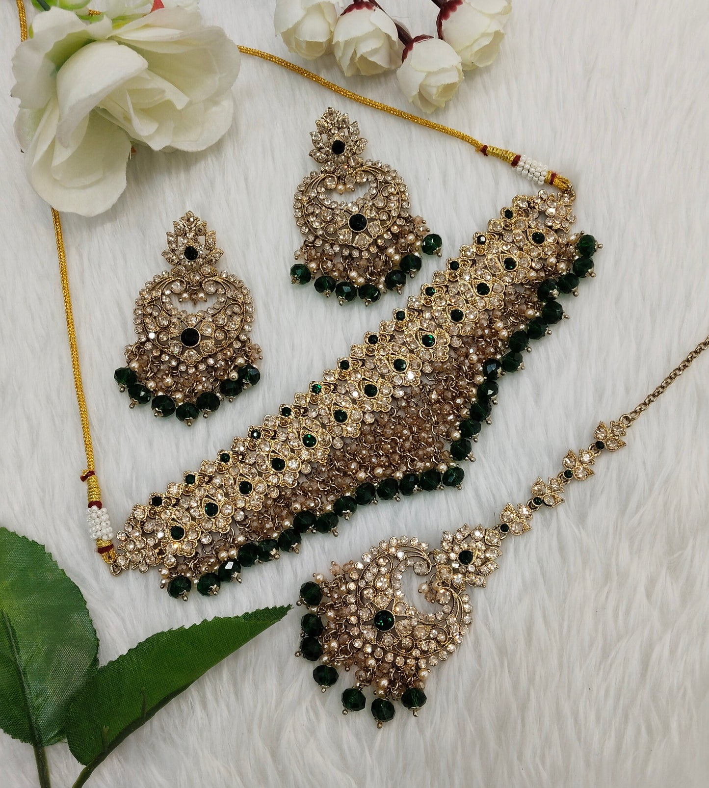 Green Antique Gold Choker Indian Jewellery Siki Set