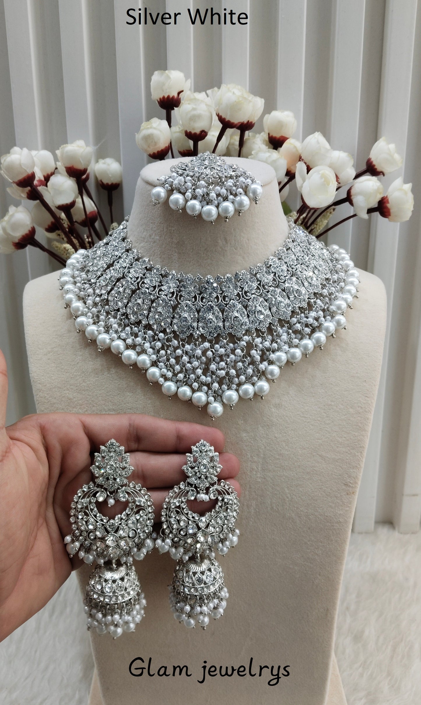Silver White Necklace Indian Jewellery Shallu Set