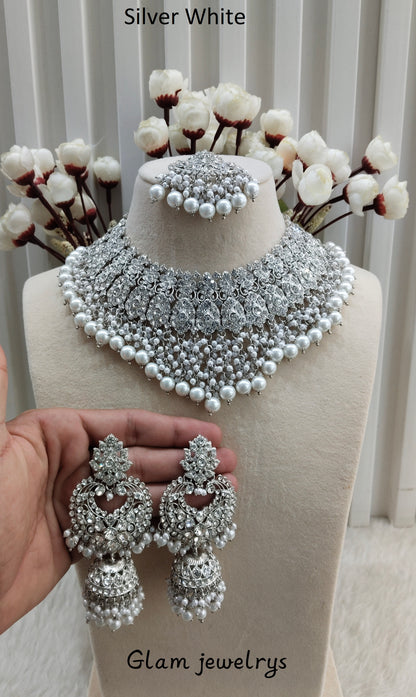 Silver White Necklace Indian Jewellery Shallu Set