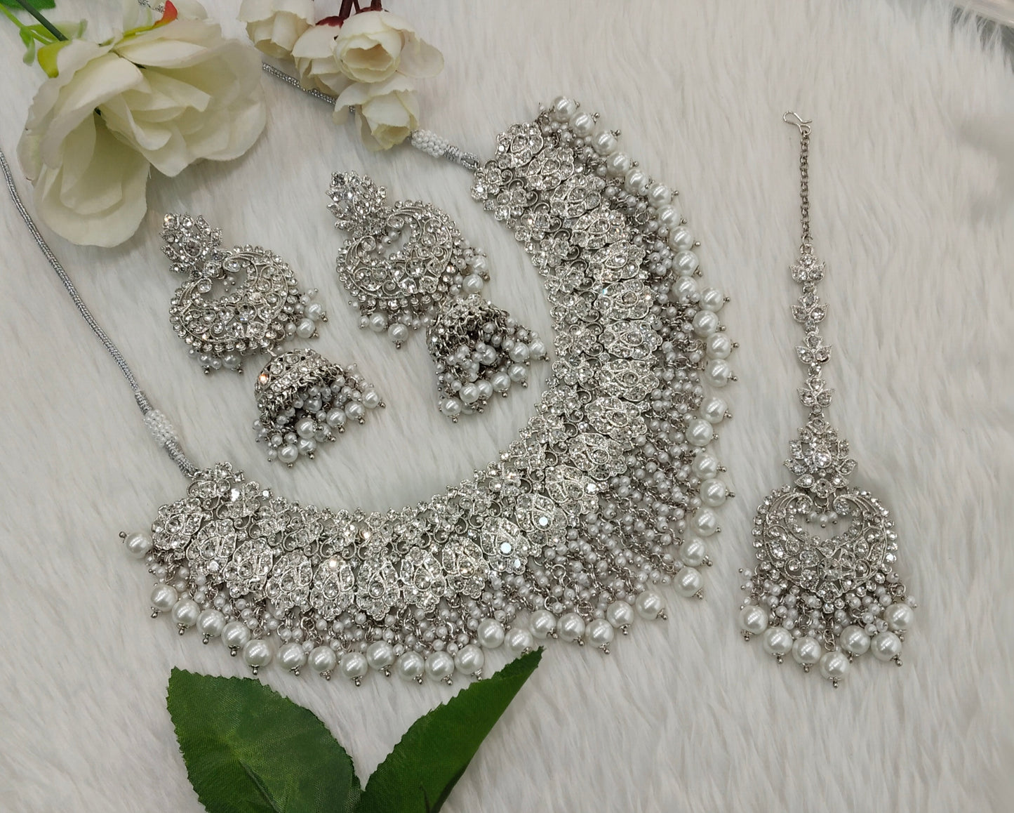 Silver White Necklace Indian Jewellery Shallu Set