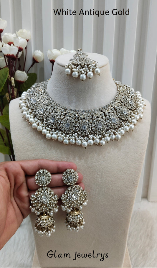 White Antique Gold Necklace Indian Jewellery Meenu Set