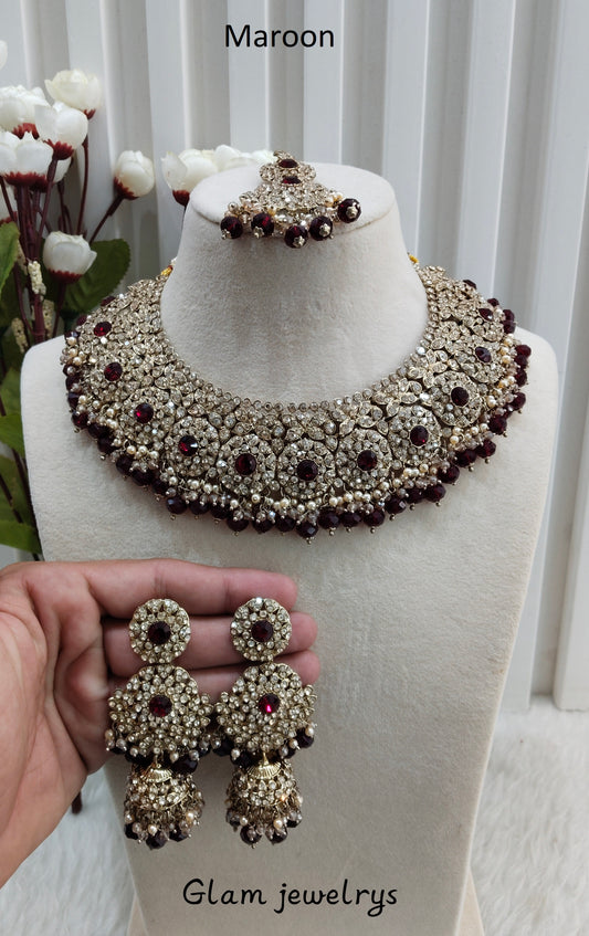Maroon Antique Gold Necklace Indian Jewellery Meenu Set