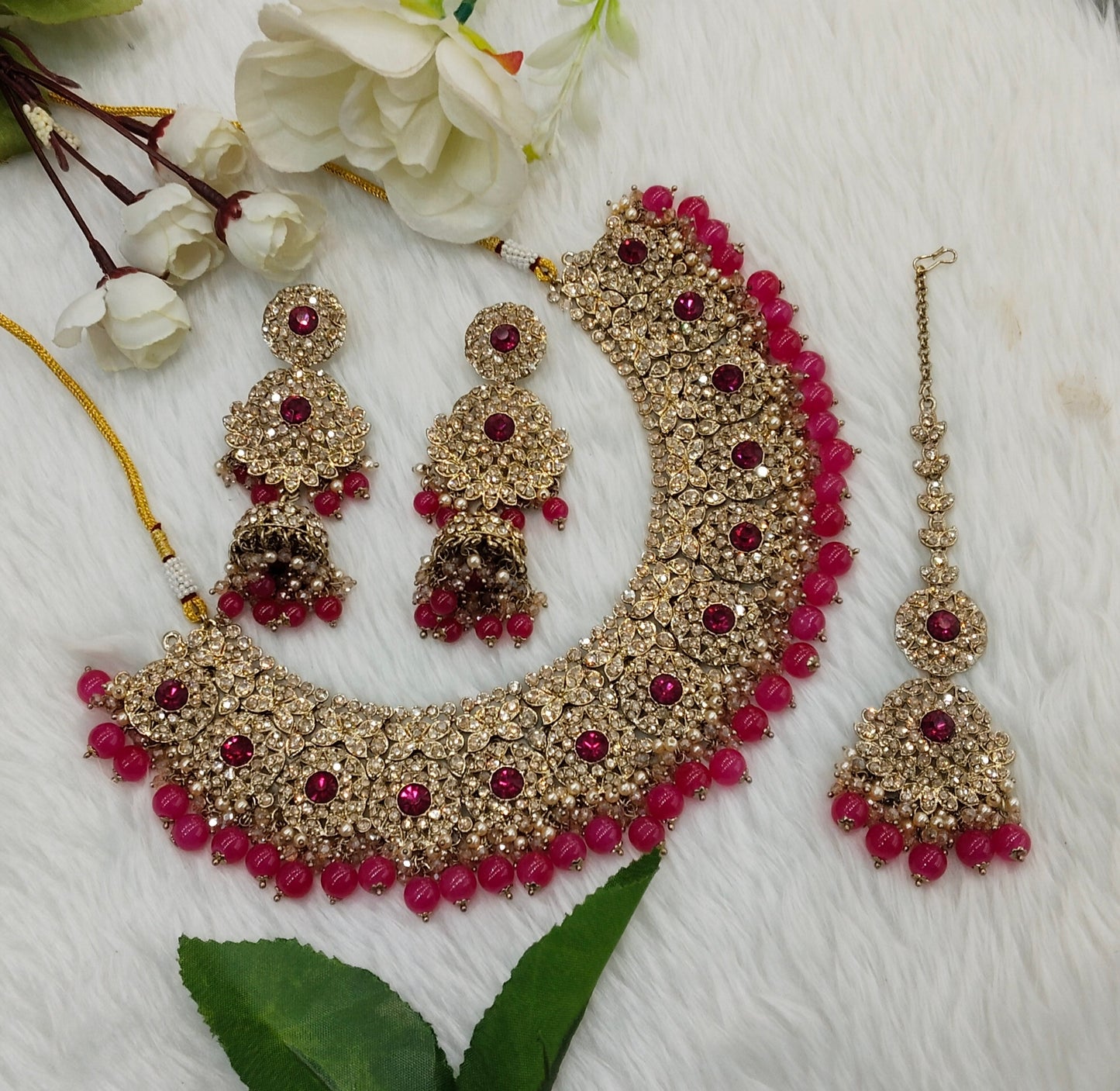 Rani Pink Antique Gold Necklace Indian Jewellery Meenu Set