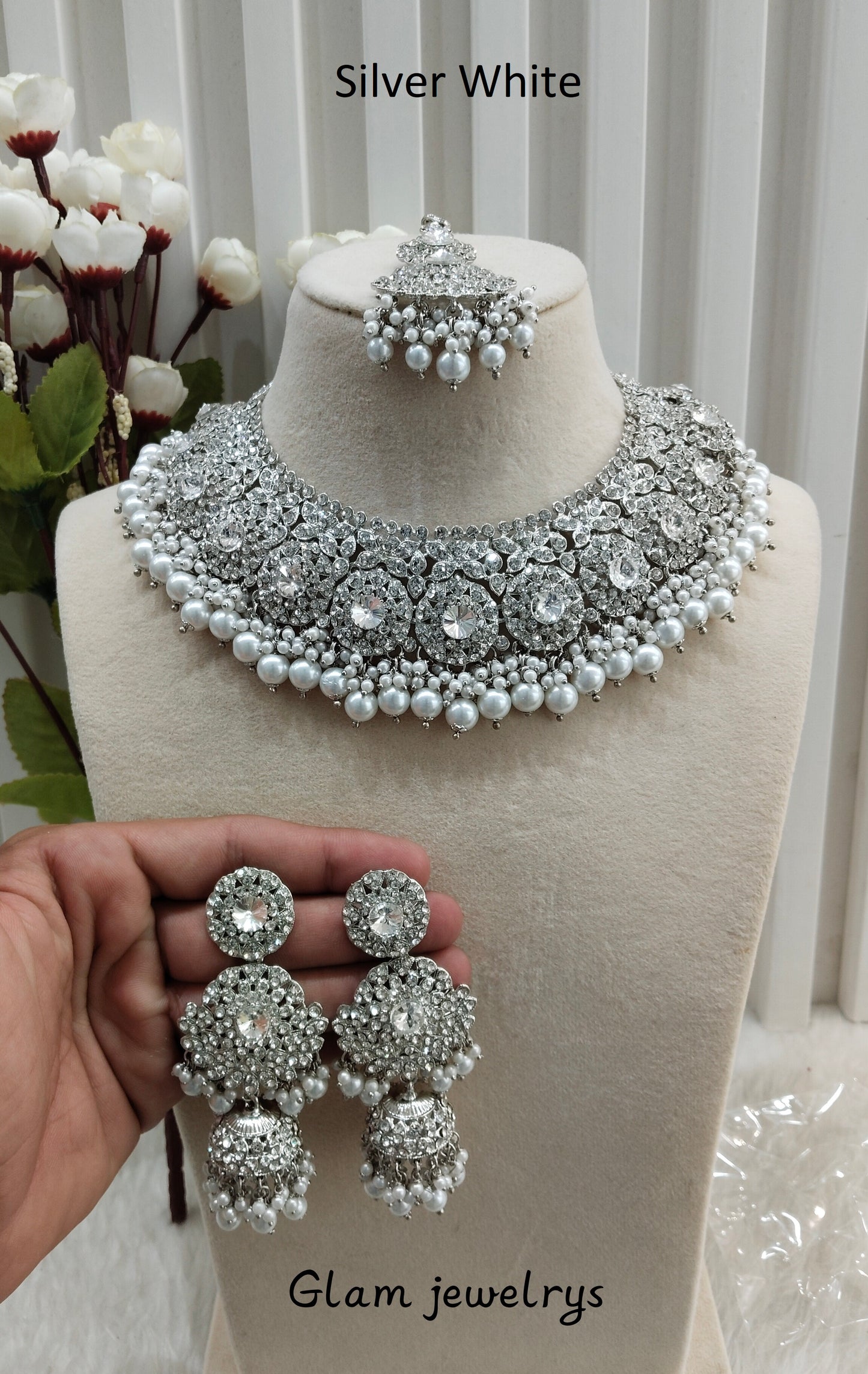Silver white Necklace Indian Jewellery Meenu Set