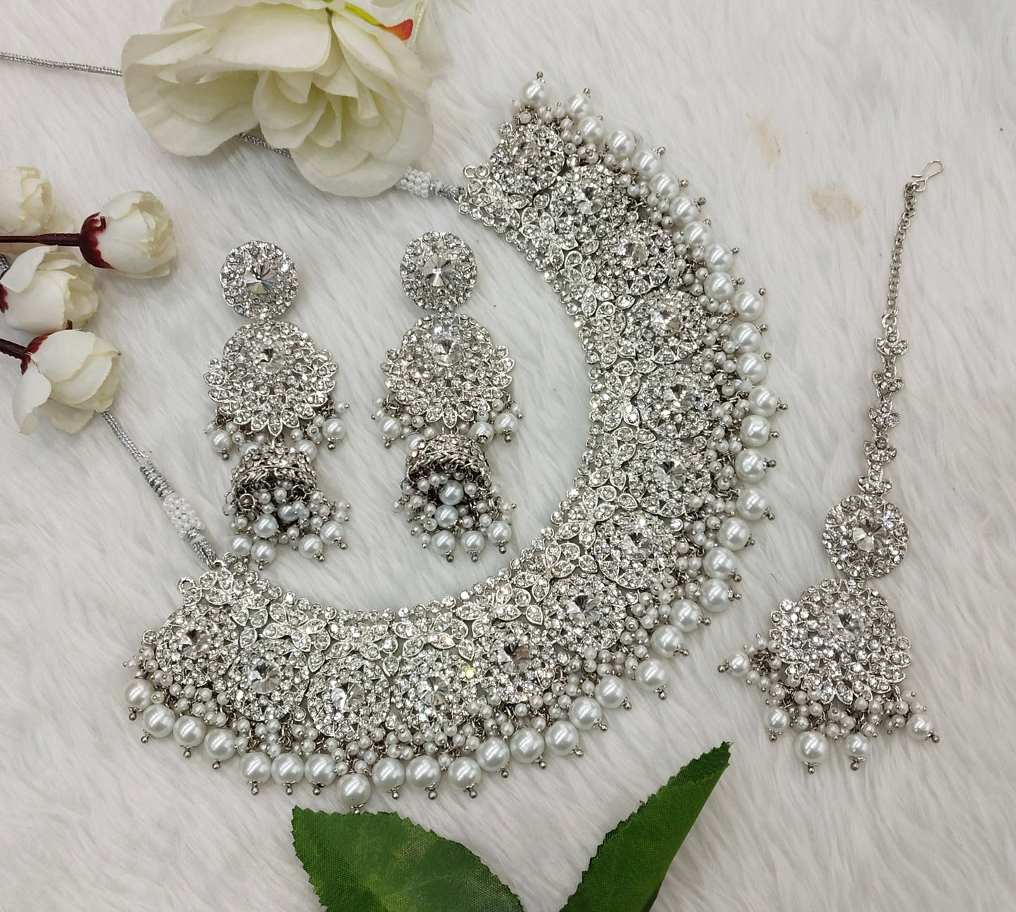 Silver white Necklace Indian Jewellery Meenu Set