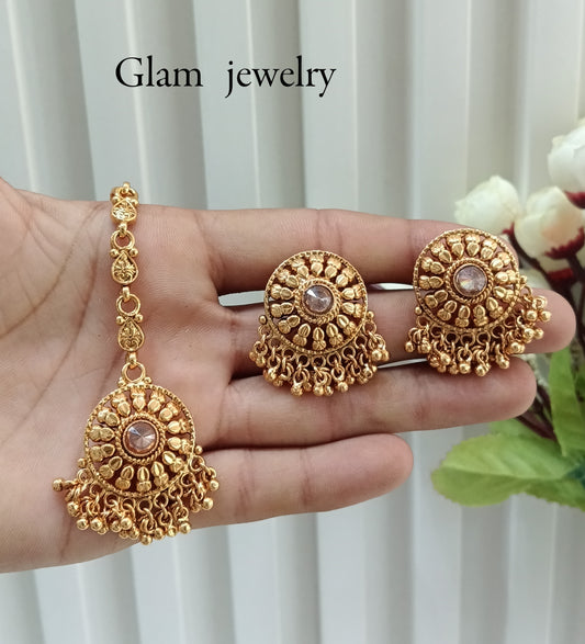 Gold Polki Punjabi Style Earrings and Tikka