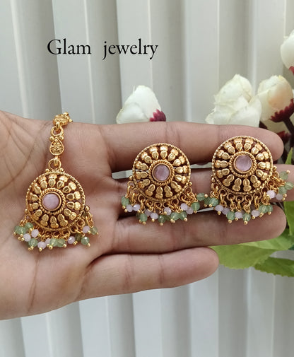 Mint Pink Gold Polki Punjabi Style Earrings and Tikka