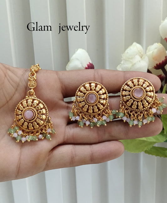 Mint Pink Gold Polki Punjabi Style Earrings and Tikka