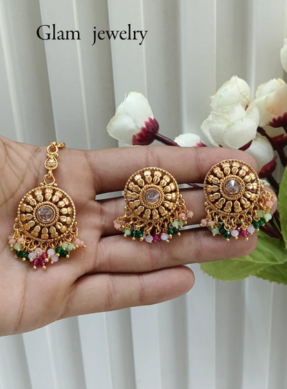 Multi Color Gold Polki Punjabi Style Earrings and Tikka