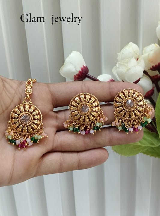Multi Color Gold Polki Punjabi Style Earrings and Tikka