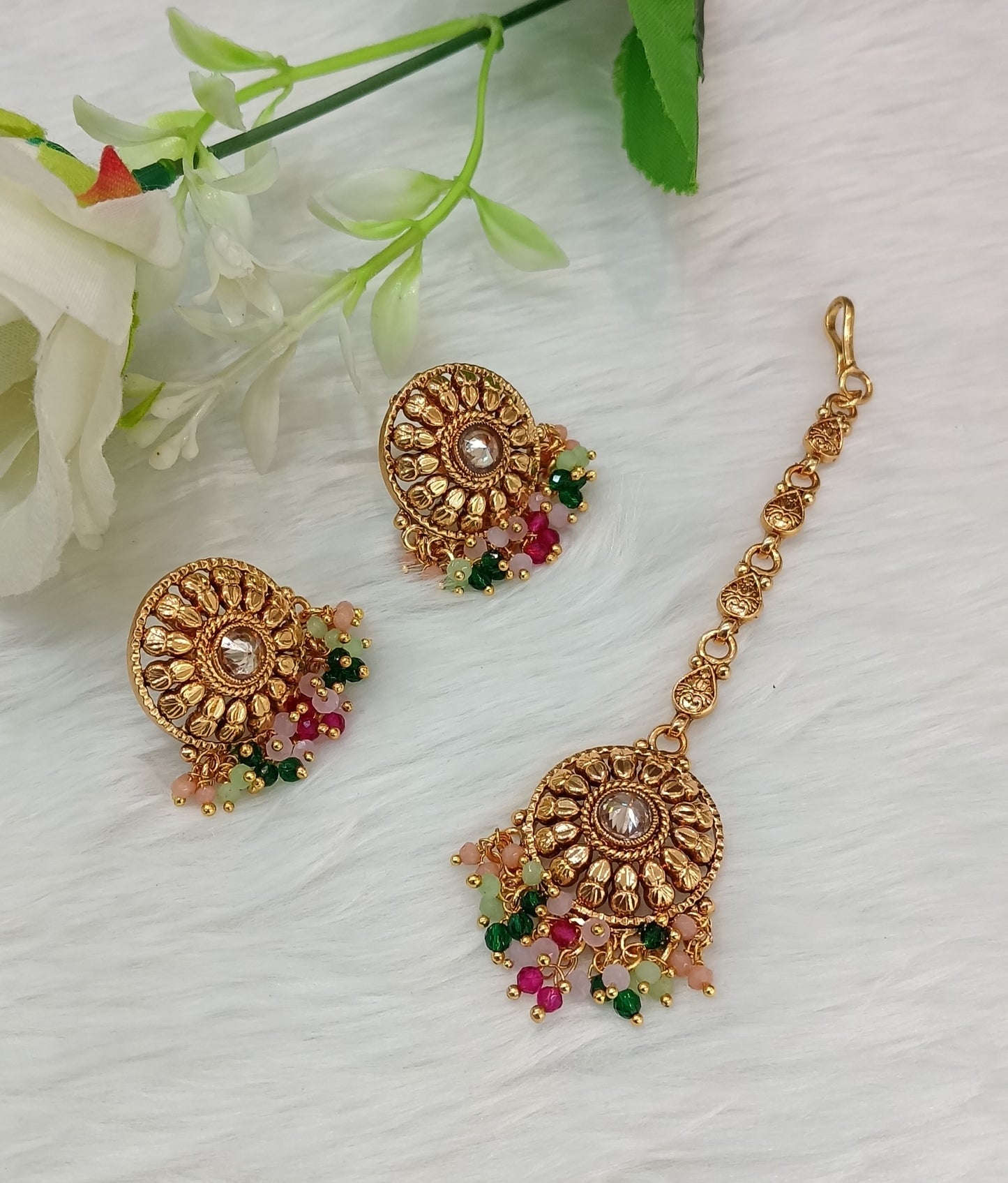Multi Color Gold Polki Punjabi Style Earrings and Tikka