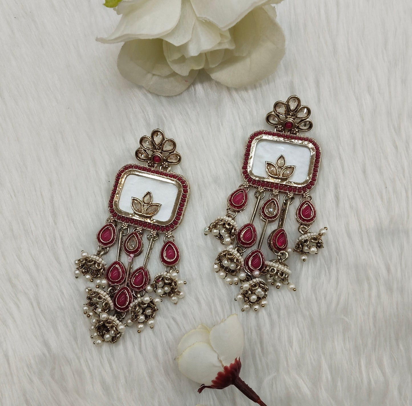 Dark Pink Antique Gold Bollywood Ravi Indian Earrings