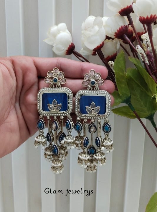 Blue Antique Gold Bollywood Ravi Indian Earrings