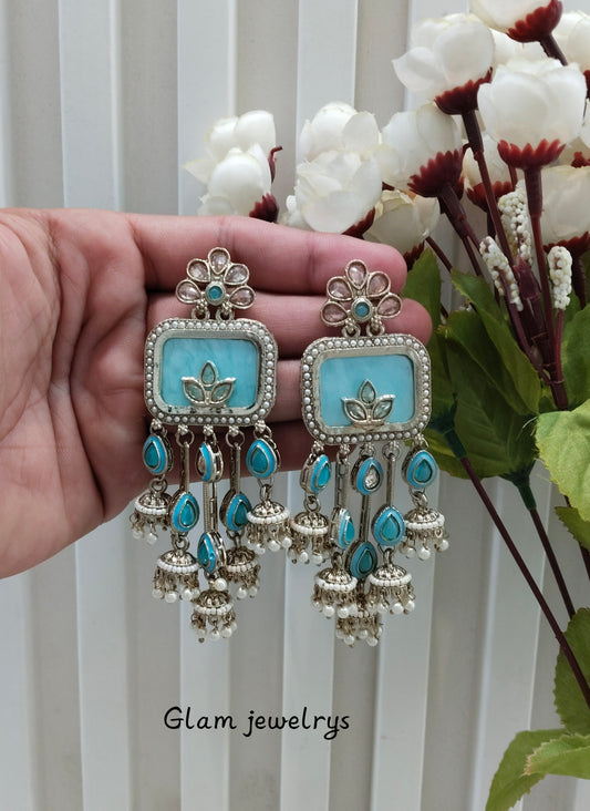 Sky Blue Antique Gold Bollywood Ravi Indian Earrings