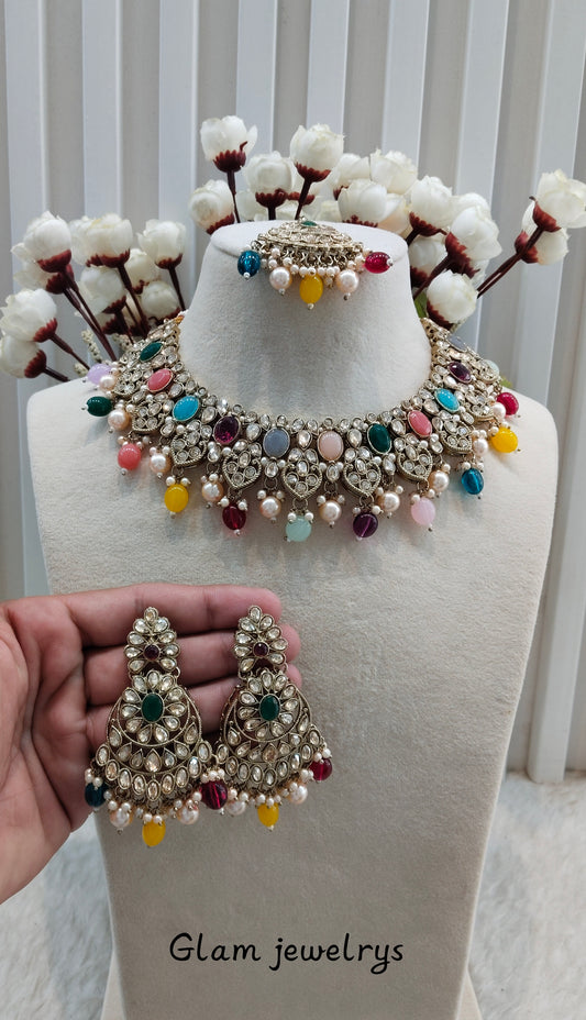 Multi Color Antique Gold Necklace Indian Jewellery Rasha Set