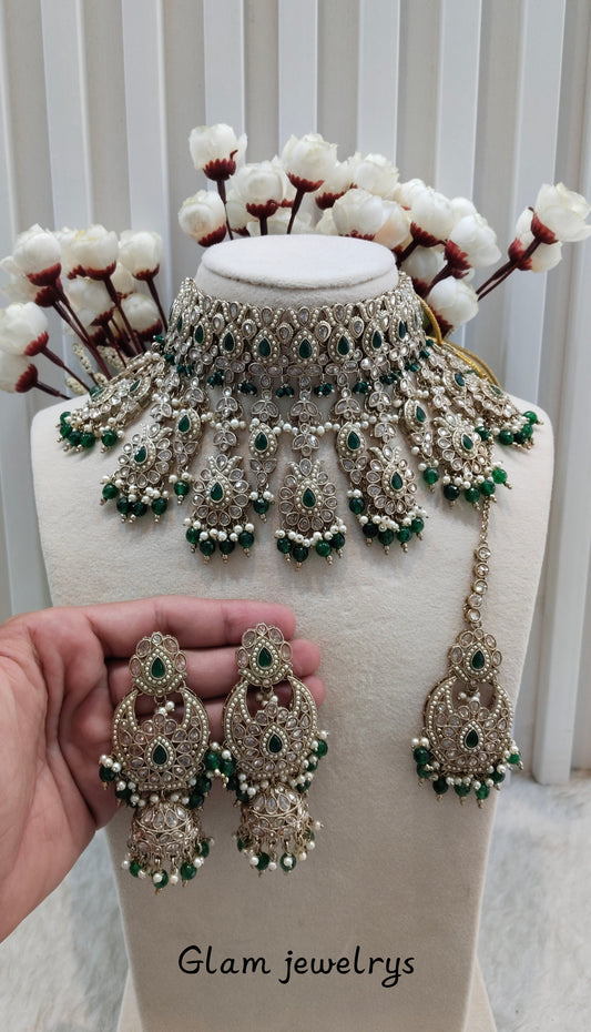 Green Antique Gold Choker Indian Jewellery Morha Set