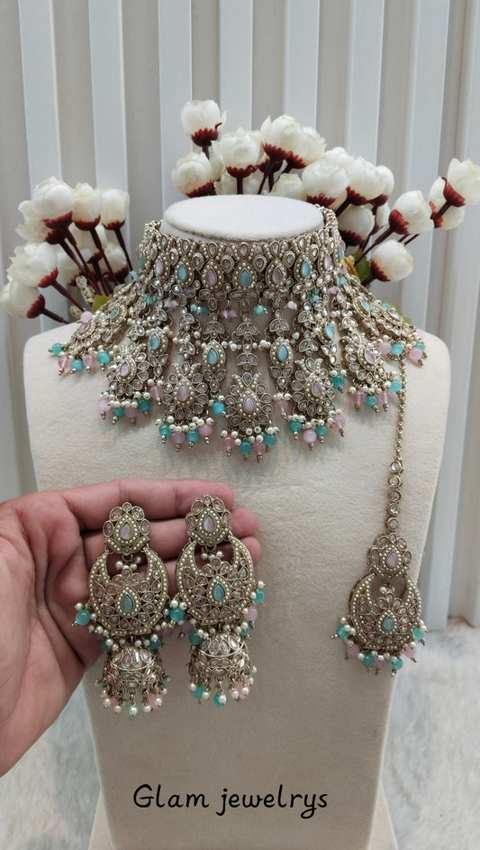 Mint Pink Antique Gold Choker Indian Jewellery Morha Set