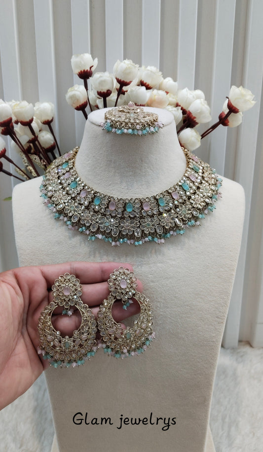 Mint Pink Antique Gold Necklace Indian Jewellery Gopi Set