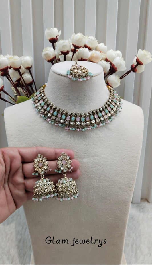 Mint Pink Antique Gold Necklace Indian Jewellery Gora Set