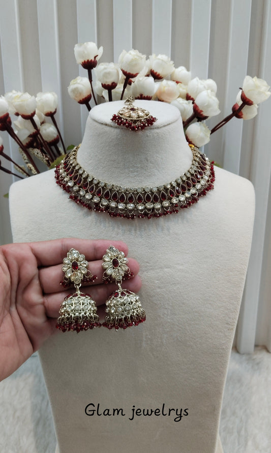 Maroon Antique Gold Necklace Indian Jewellery Gora Set